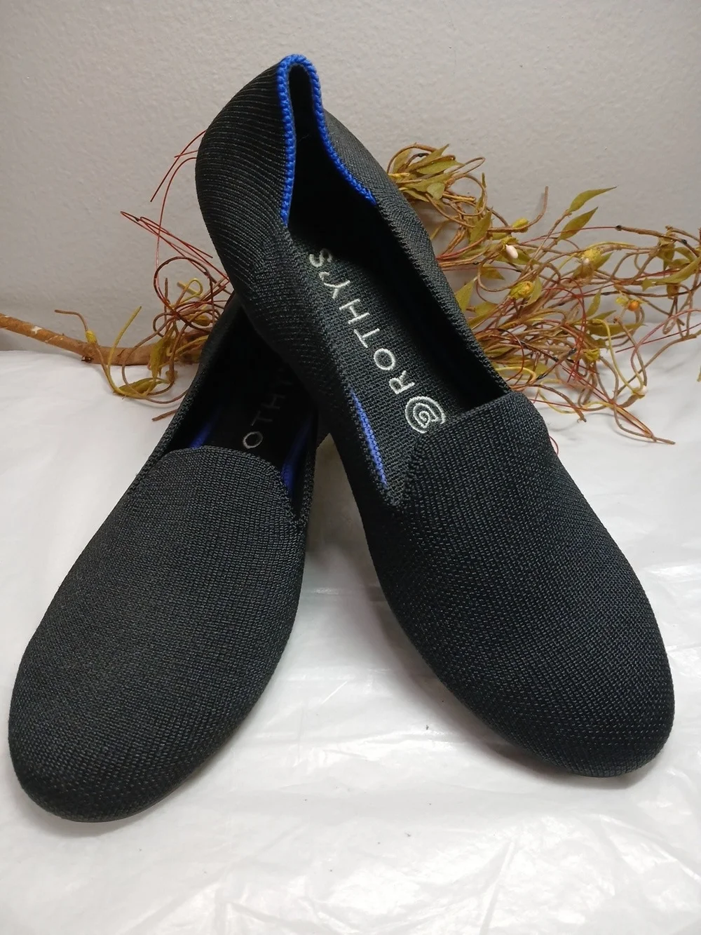 Rothy's Black Knit Slip-On Loafers with Blue Trim